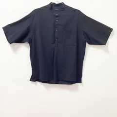 古着　美品　green label relaxing　グリーンレーベルリラクシング　プルオーバー　バンドカラー　無地　半袖スタンドカラーシャツ　ユニセックス　Mサイズ　混紡　ブラック　黒　ミニマル　オフィス　清涼感　カジュアル