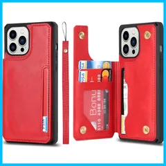 【特価セール】携帯カバー ストラップ 全面保護 滑り防止 耐衝撃 スマホケース 13pro -レッド iPhone iPhone for for 多機能 ボタン磁気 スタンド機能 軽量 カード収納 IC PUレザー 背面カバー ケース縄掛け アイフォン13プロ
