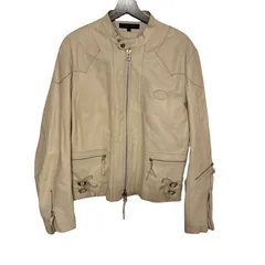  TOMMY HILFIGER（トミーヒルフィガー）ラムレザー（羊革）シングルライダースジャケット オフホワイト  全体的にくすみあり【Z1776】