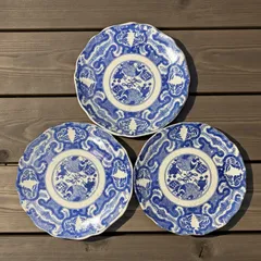 【3客セット】 古伊万里 染付大皿 打ち出の小槌 草花文図 時代物 盛り皿 飾り皿 古美術 和食器 骨董品 アンティーク