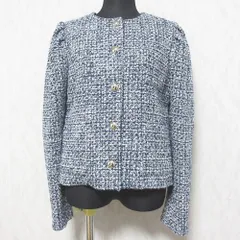 美品 kate spade NEW YORK ケイトスペード ノーカラー ツイードジャケット 2 ネイビー レディース 古着 中古 USED