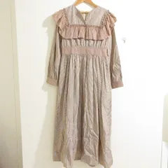 美品 Lois CRAYON ロイスクレヨン STヴィンテージOP ストライプ柄 フリル 長袖 ロング マキシ丈 フレアワンピース M ワインレッド レディース 古着 中古 USED