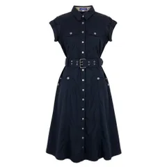 70b9 BURBERRY BLUE LABEL バーバリー ブルーレーベル Aライン ベルテッド ワンピース ノバチェック 半袖 ホースボタン 36 ネイビー レディースk02i