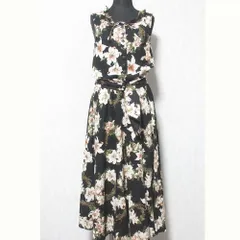 美品 INGEBORG インゲボルグ ベルト付き フラワープリント フリル ノースリーブ ロングワンピース M ブラック ピンク レディース 古着 中古 USED