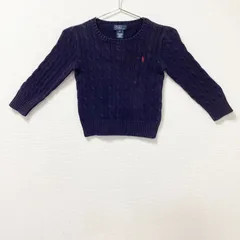 古着　POLO RALPH LAUREN　ポロ ラルフローレン　ケーブルニット　ニット　無地　長袖セーター　キッズ　110~120相当　コットン　ネイビー　紺色　クルーネック　リブ