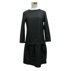 23区 オンワード樫山 ワンピース クルーネック ウール混 フレア 無地 長袖 ひざ丈 38 チャコールグレー