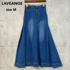 美品 LAVEANGE ラビアンジェ インディゴブルー デニムロングスカート Aライン フレアスカート マキシ丈 パッチワーク風 切替 フリンジ 切りっぱなし ヘムデザイン バックゴム ポケット付き カジュアル 綺麗め M ★ ■◇