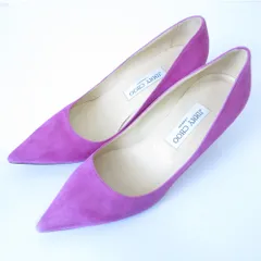 美品 JIMMY CHOO ジミーチュウ スエード ポインテッドトゥ ヒール パンプス 37.5 24cm相当 パープル レディース 古着 中古 USED