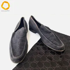 #ans グッチ GUCCI ローファー 43E 黒系 こげ系 GG キャンバス レザー イタリア製 保存袋付き メンズ [918537]