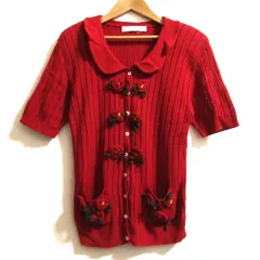 良品 PINK HOUSE ピンクハウス フラワー刺繍 ニットカーディガン レッド レディース 古着 中古 USED