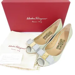 良品 Salvatore Ferragamo サルヴァトーレフェラガモ SISSI ヴァラリボン ウエッジソール オープントゥパンプス 5D 22.5cm グレー レディース 古着 中古 USED