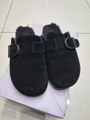 Bearpaw(ベアパウ) 黒 スウェード ファー裏地 ミュール スリッパ