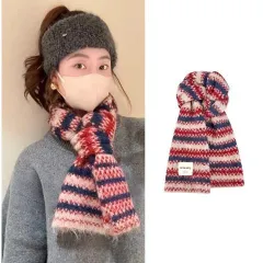 新作 ソフトな風合いのウール混 ストライプ ニットマフラー 赤色 冬用