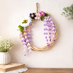 つまみ細工　リース　鶴と藤の花　紫　壁掛け　インテリア　ひな祭りの吊るし飾りにも