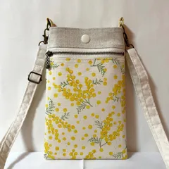 スマホポシェット ミモザ柄 生成り ショルダーストラップ付き
