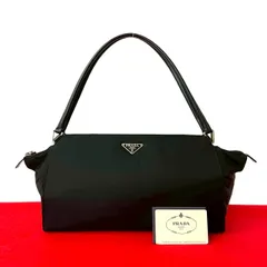 極 美品 カード付き PRADA プラダ 三角ロゴ プレート 金具 ナイロン レザー 本革 トートバッグ セミ ショルダーバッグ ブラック 60324