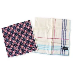 WA26352 未使用 Burberry バーバリー ハンカチ 2枚セット ネイビー系 ホワイト系 マルチカラー チェック柄 日本製 コットン
