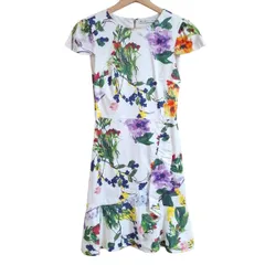 alice+olivia(アリスオリビア) ワンピース サイズ0 XS レディース - 白×ダークグリーン×マルチ クルーネック/半袖/ひざ丈/花柄