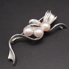 M582 本真珠 7.6mm3珠 パール SILVER刻印 ブローチ リボン デザイン シルバー コサージュ 6月誕生石