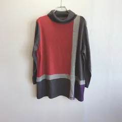 美品✨ レディースファッション Ladies’Fashion セーター ニット 切替デザイン カラーブロック グレー レッド パープル マルチカラー ハイネック 秋冬 体型カバー 大人カジュアル 古着女子 着回しコーデ