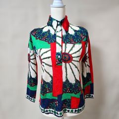 昭和レトロ 70s 総柄レトロブラウス シャツ オレンジ×青 S程度 