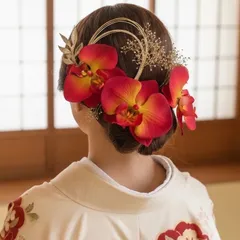 ゴールド 水引 成人式 髪飾り 結婚式 胡蝶蘭 コチョウラン 王道 ウェディング 人気色 大人 蕾 シンプル レッド 赤 グラデーション