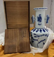 【加】花器 九谷焼 陶源造 高砂花入 木箱付 花瓶 陶器 魚 男 女 インテリア コレクション【5811SS】B9