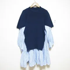 美品 23SS Snidel スナイデル バックフレアミニニットAラインワンピ 長袖 ドッキング チュニックシャツ SWNO231009 F ネイビー×ブルー レディース 古着 中古 USED