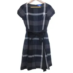 美品 BLUE LABEL CRESTBRIDGE ブルーレーベルクレストブリッジ チェック柄 ベルト付き ひざ丈 フレアワンピース サイズ36 ネイビー レディース 古着 中古 USED