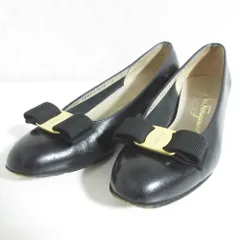 良品 Salvatore Ferragamo サルヴァトーレフェラガモ レザー ヴァラリボン パンプス 5C ブラック ゴールド レディース 古着 中古 USED