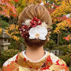 成人式 髪飾り 水引結婚式 胡蝶蘭 ゴールド×ワインレッド ドライフラワー