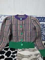 ハウンドトゥース パープル グリーン ボタン カーディガン