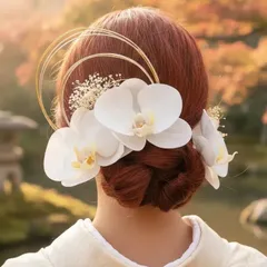 ホワイト胡蝶蘭の髪飾り 結婚式 成人式 水引  ウェディング ゴールド コチョウラン 卒業式 白