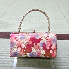 花しおり 日本刺繍 利休バッグ 和装バッグ 朱色 刺繍 桜 撥水加工