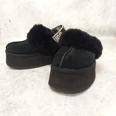 UGG アグ 靴 ファンケット 厚底 スリングバック プラットフォームスリッパ ムートンサンダル ブラック 23cm 〇◇☆