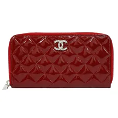 本物 シャネル CHANEL ココマーク マトラッセ ラウンドジップ 長財布 ロングウォレット パテント レザー レッド Matelasse 財布 ウォレット 中古・