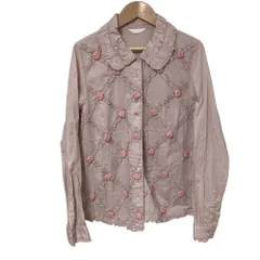 良品 PINK HOUSE ピンクハウス フラワーモチーフ フリルチェック 長袖 ブラウス シャツ Mサイズ ライトベージュ レディース 古着 中古 USED