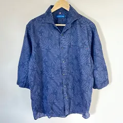 ビッグサイズ◎(^w^)b HK WORKS LONDON for men エイチケーワークスロンドン 七分袖シャツ リーフ柄 総柄 リネン コットン 麻 綿 ラフ カジュアル デイリー タウンユース ネイビー 紺 メンズ サイズLLのサムネイル