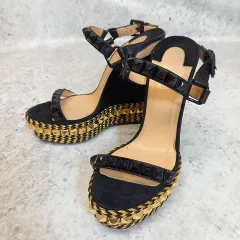 Christian Louboutin クリスチャンルブタン エスパドリーユサンダル 厚底 ウェッジソール スタッズ ブラック ゴールド 36サイズ □〇☆
