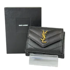【人気・美品】Yves Saint Laurent イヴ サンローラン キャビアスキン カサンドラ タイニー ミニウォレット コンパクト ウォレット 三つ折り 財布 ゴールド金具 505118 ブラック 黒色 メンズ レディース ユニセックス YSL 箱付き
