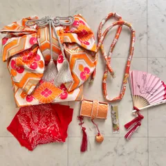 七五三 作り帯 ７歳 ハコセコセット 6点 オレンジ系 帯揚げ 帯締め等