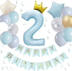 【特価商品】2歳 誕生日 飾り付け 風船 babyblue 大きい 数字 風船 40インチ 誕生日 飾り セット ナンバーバルーン 王冠 バースデーバルーン 子供 誕生日お祝い 男の子 女の子 くすみブルー (blue 2)