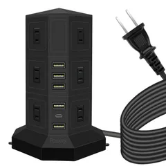 【特価セール】電源タップ 縦型コンセント タワー式 オフィス 会議用 USB PD Type-C付 急速充電 約2m スイッチ付 12口 ３層 黒