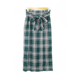 エニィファム anyFam スカート タイト ロング ハイウエスト 薄手 フロントスリット リボン チェック 総柄 2 緑 グリーン /MN9