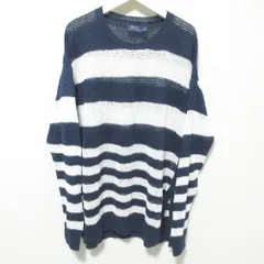 美品 POLO RALPH LAUREN ポロラルフローレン ボーダー柄 リネン100％ サマーニット プルオーバー セーター XL ネイビー×ホワイト レディース 古着 中古 USED