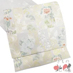 袋帯 中古 リサイクル 正絹 セミフォーマル 仕立て上がり 六通 紹巴織 花の図 流水 金糸 白鼠色 多色 きもの北條 A1329-16