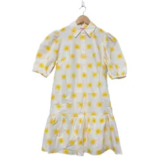 美品 kate spade new york ケイトスペードニューヨーク 太陽プリント シャツワンピース ホワイト S イエロー レディース 古着 中古 USED