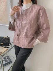 26-40ノーカラー キルティング レザー ジャケット アウター オフィス 룩 ポケット ジップアップ 春 季節の変わり目