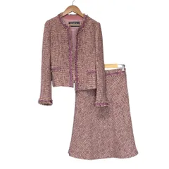 美品 FRANCO FERRARO フランコフェラーロ ツイード ノーカラー ジャケット スカート スーツ セットアップ サイズ1 パープル レディース 古着 中古 USED