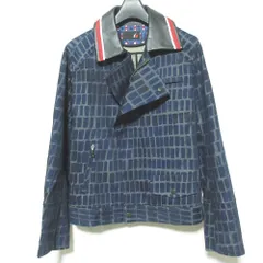 美品 io イオ アッシュペーフランス 総柄 ライダースジャケット 2 ネイビー レディース 古着 中古 USED